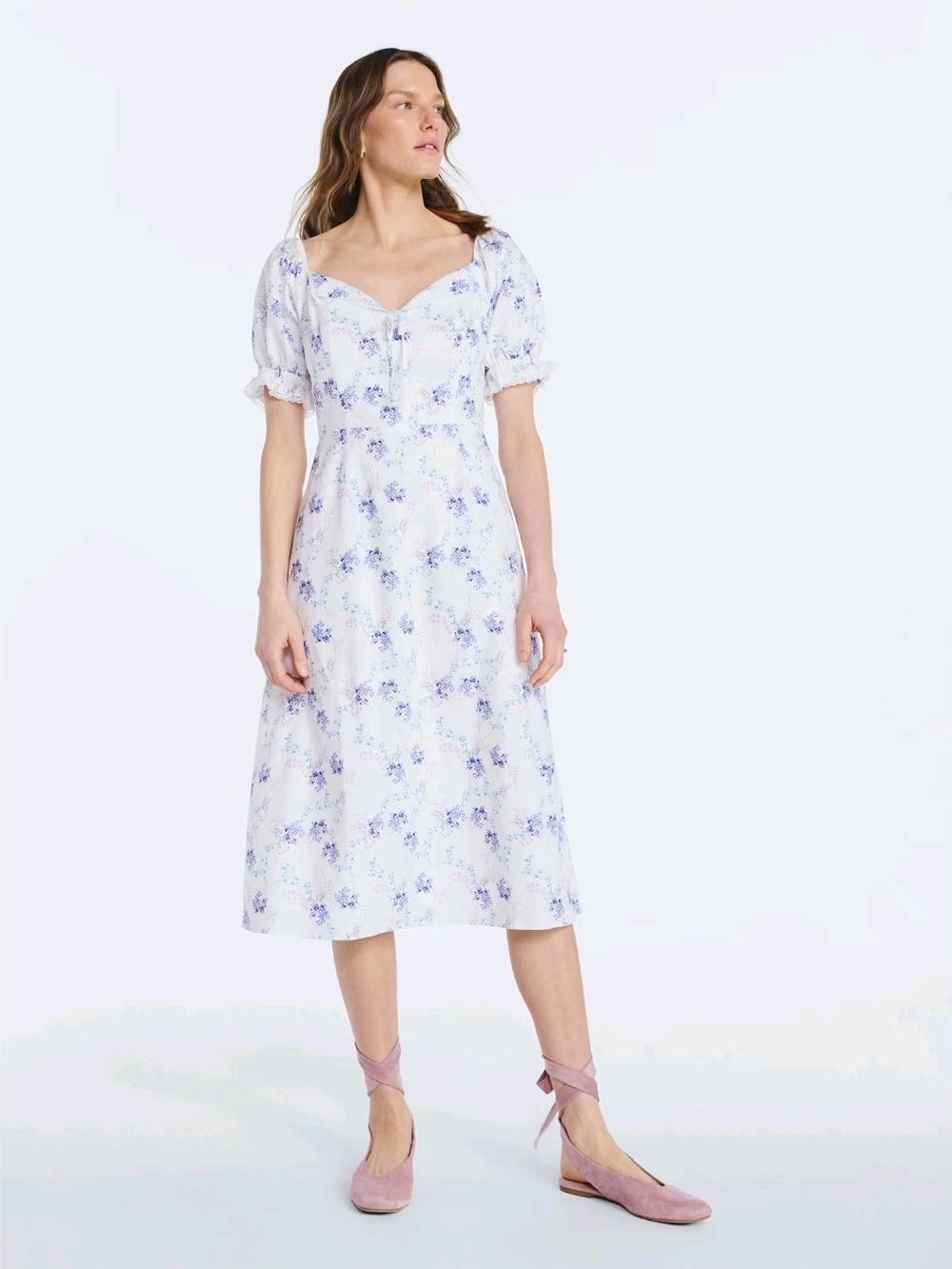Women's Scoop Cotton Linen Whote Floral Lace Collar Puff Sleeve Dress, NEW